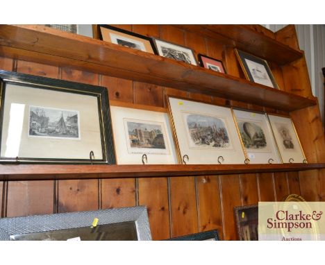 A pair of 19th Century ballooning prints; a print of the beach at Great Yarmouth; and two Ipswich prints 