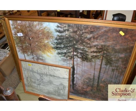 After Terence Cuneo, a print of a steam locomotive; and two prints depicting deer