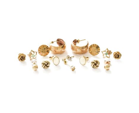 A Quantity of Earrings, including a pair of 9 carat gold hoop earrings; a pair of 9 carat gold knot earrings; a pair of 9 car