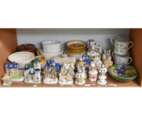 Assorted Victorian and Later Ceramics, Pottery and Stoneware, including a Moorcroft bowl, jelly moulds, Staffordshire spill v
