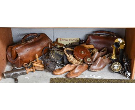 Two Leather Gladstone Bags, together with various other items including:a vintage stick telephone (converted), leather shot f