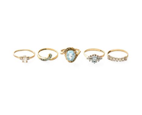 Five Rings, comprising of blue topaz and diamond ring, unmarked, finger size K; a 9 carat gold aquamarine and diamond ring, f