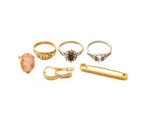 A Quantity of Jewellery, comprising of a brooch, stamped '9CT', length 3.8cm; a single 9 carat gold cameo earring; a pair of 