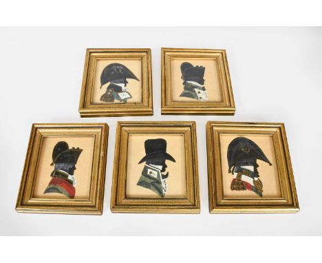 A Set of Five Silhouette Portrait Miniatures, 20th century, military costume in the George III period, mounted in gilt frames
