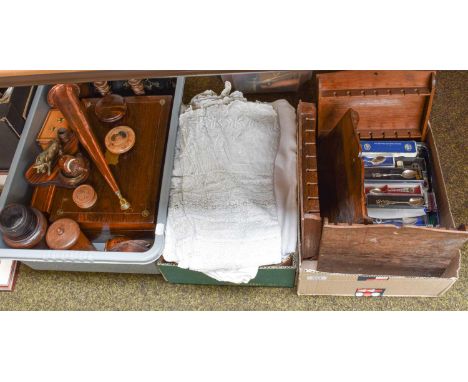 Three Boxes Including: treen, nutmeg grater, nut cracker, snuff boxes, etc, a rosewood box, christening gowns, linen, over 10