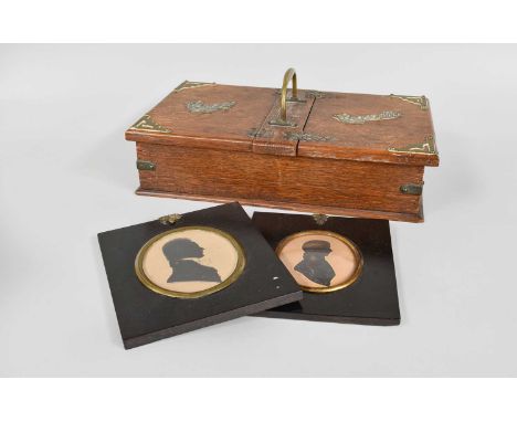 Two Regency Silhouette Portrait Miniatures, one of a boy and with gilt embellishments, together with an oak brass mounted tab