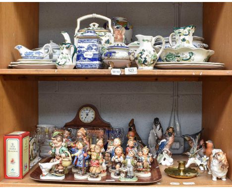 Two Shelves of Decorative Ceramics and Ornamental Items, including Goebel and Hummel figures, a boxed Royal Doulton "Father, 