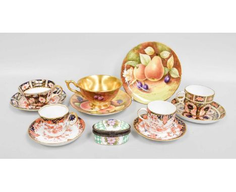 A Royal Crown Derby Imari Palette Teacup and Saucer; together with a coffee cup and saucer and a pair of smaller coffee cups 