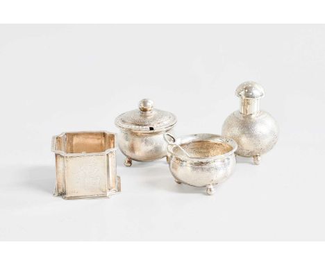 A Three-Piece Chinese Export Silver Condiment-Set, each piece with a matted finish and on three ball feet, comprising a musta