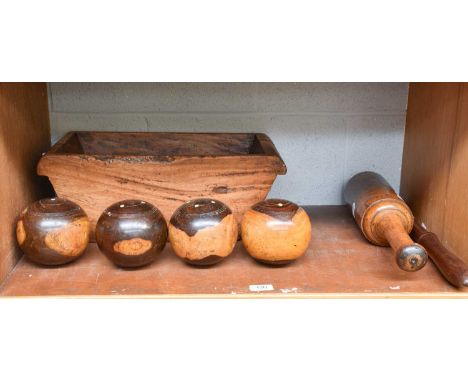 A Hardwood Dug Out Trough, together with other assorted wooden items including: a truncheon, large priest, a set of lignum vi
