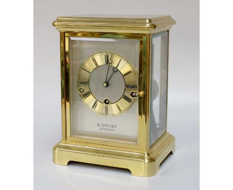 A Brass Chiming Mantel Clock, Retailed by Rapport, London, late 20th Century, movement chiming on gongs, 25cm highClock with 