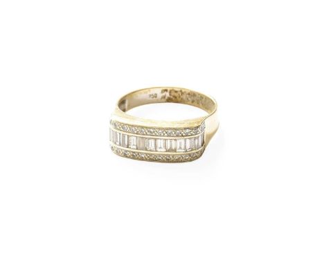 A Diamond Half Hoop Ring, a row of baguette cut diamonds flanked by eight-cut diamonds in white channel and claw settings, to