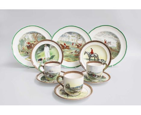 A Set of Five Glass Rummers, engraved with titled cock fighting scenes, together with a Copeland &amp; Sons pottery part coff