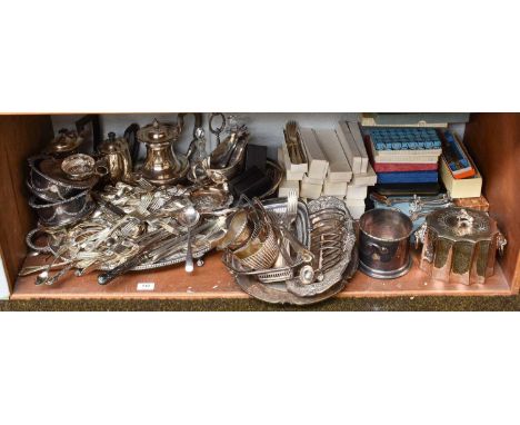 A Collection of Assorted Silver Plate, including a tea-caddy; a syphon-stand; various tea wares and flatware (one shelf) 