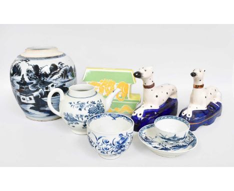 A Worcester Porcelain Blue and White Tea Bowl and Saucer, Worcester tea pot (lid missing), Worcester bowl, all with crescent 