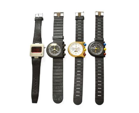 Four LIP Wristwatches, comprising, a quartz digital display Wristwatch, two quartz day/date and moonphase display wristwatche