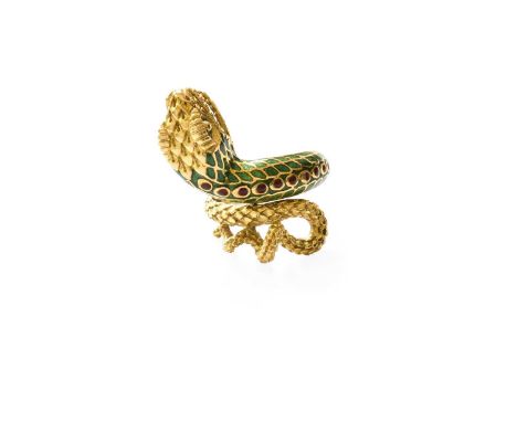 An Enamel Ring, realistically modelled as a snake, with a textured head and tail and enamelled in red and green, finger size 