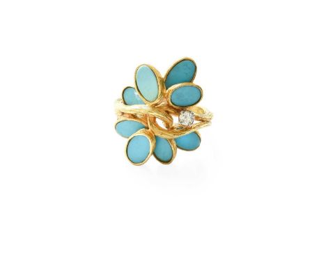 An 18 Carat Gold Turquoise and Diamond Ring, the floral motif formed of oval turquoise plaques with a single round brilliant 
