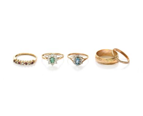 A 9 Carat Gold Blue Topaz and Diamond Cluster Ring, finger size O1/2; A 9 Carat Gold Emerald and Cubic Zirconia Cluster Ring,