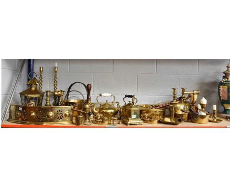 A Collection of 19th Century and Later Brassware, including a pierced bedroom fire fender, goffering iron, three pairs of tab