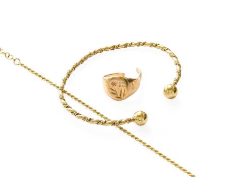 A 9 Carat Gold Torque Bangle (out of shape); A 9 Carat Gold Chain (a.f.); and A 9 Carat Gold Signet ring (band cut)   Gross w