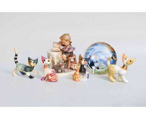 Four Goebel Porcelain Cats, designed by Rosina Wachstmeister, a similar miniature plate and a Hummel figure (6)