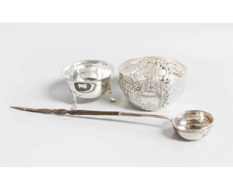 Three Various Silver Items, comprising two silver bowls, one part spiral-fluted and chased with foliage and one on three scro