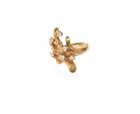 A Diamond Ring, the yellow textured branch motif decorated with round brilliant cut diamonds, in claw settings, to a similarl