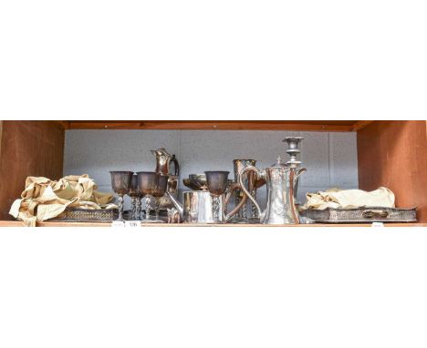 A Collection of Assorted Silver Plate, including various trays, goblets, flatware and other items (one shelf)
