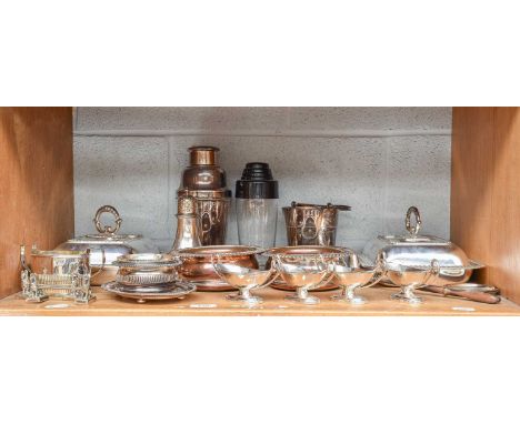 A Collection of Assorted Silver Plate, including a cocktail-shaker; a similar silver plate-mounted glass cocktail-shaker; a p
