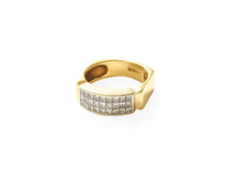 An 18 Carat Gold Diamond Half Hoop Ring, three rows of princess cut diamonds in yellow tension settings, to a broad plain pol