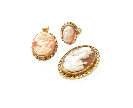 A Cameo Ring, stamped '9CT', finger size V1/2; A Cameo Brooch, stamped '9C', measures 5.0cm by 3.9cm; and A Cameo Brooch/Pend