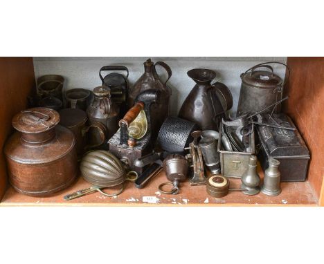 A Quantity of 19th Century Metalware and Kitchenalia and Household Items, including: chocolate pot, a box iron, ricer, pepper