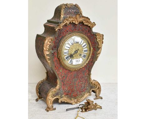 A French "Boulle" Striking Mantel Clock, circa 1890, cast dial with Roman numeral enamel cartouches, twin barrel movement str