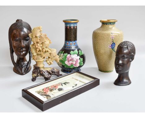 A Collection of Modern Asian and Ethnographic Art, including three cloisonne vases, soapstone carving, Benin style bust, carv