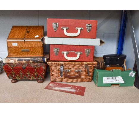 An Edwardian Oak Stationary Cabinet, together with a Victorian upholstered footstool, a modern chess set, three picnic sets, 