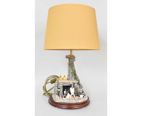 Border Fine Arts Table Lamp 'Jock's Pride' (Sheepdog and Pups), model No. A3327, on wood baseOne of the collie pups has its t