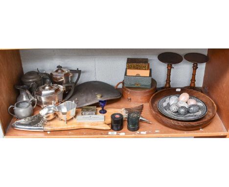 Collectables including a Pair of Rise and Fall Candle Stands, silver plate, pewter, copper pot hot water bottle, medical glas