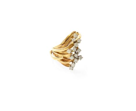 An 18 Carat Gold Diamond Cluster Ring, of spray design, the yellow tapered bars terminating to round brilliant cut diamonds, 
