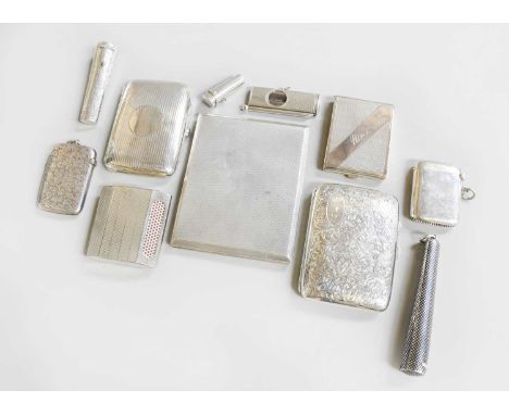 A Collection of Assorted Silver or Silver Plate Smoking Accessories, including an engine-turned slide-action cigarette-case; 