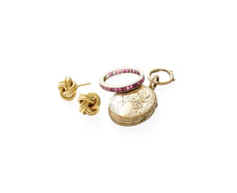 A Ruby Eternity Ring, finger size L (a.f.); A Pair of Knot Earrings, stamped '750', with post fittings; and An Enamel Locket,