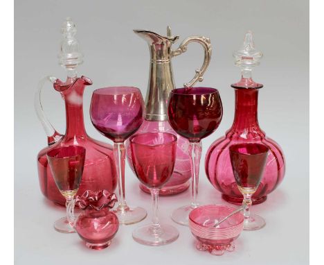 A Victorian Two Division Tea Caddy, Oriental cased fan, Cranberry glass, Lladro dog numbered 6985, and frog, glass paperweigh