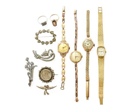 Three Lady's 9 Carat Gold Wristwatches, 9 Carat Gold Dress Ring, Costume Jewellery and another Gilt Metal Rotary Wristwatch