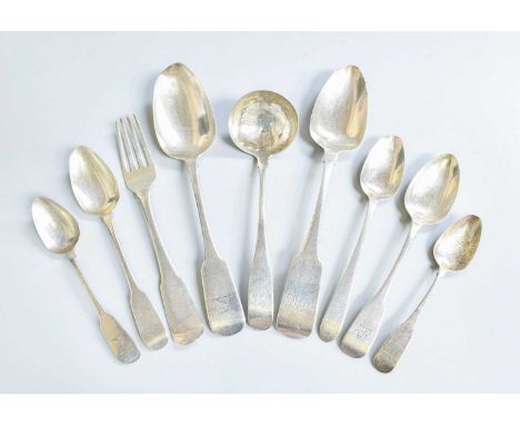 A Collection of Assorted George III and Later Irish Silver Flatware, mostly Fiddle pattern, comprising two table-spoons, one 