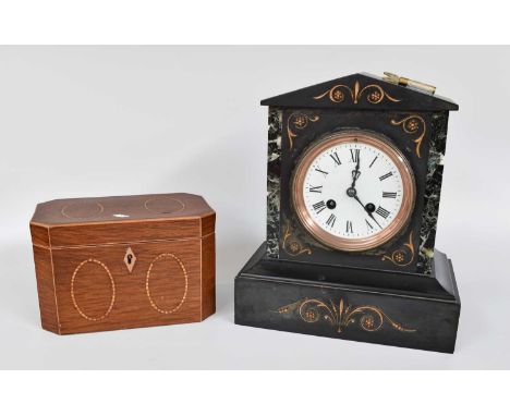 A Victorian Black Slate and Marble Mantle Clock, eight day movement, Roman enamelled dial, together with an early 19th centur