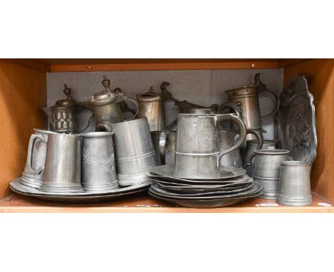 Assorted Pewter Flat and Hollowares, 18th century and later, including later decorated armorial plate inscribed for Maximilli