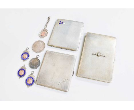 A Collection of Assorted Silver, comprising three cigarette-cases, each oblong and with engine-turned decoration, one engrave