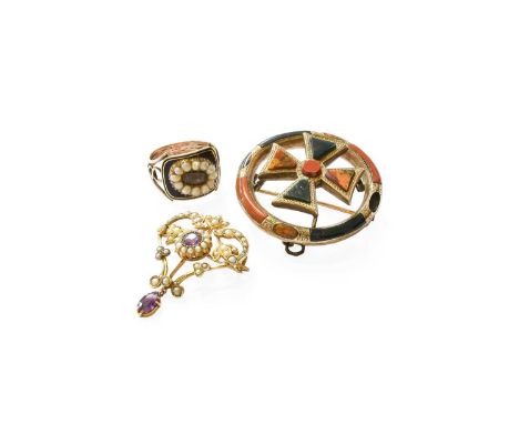 An Early 20th Century Amethyst and Split Pearl Brooch/Pendant, stamped '9CT', measures 3.9cm by 2.6cm; A Split Pearl, Enamel 