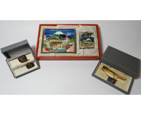 MEMORY OF JAPAN/KOREA LIGHTER & CIGARETTE CASE CUFFLINK & TIE PIN SET 