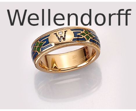 18 kt Gold WELLENDORFF Ring mit Email,   GG 750/000, Modell Baronesse, blau und grün emaill., Wellendorff W mit Brillant ca. 